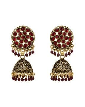 ear-m-40877-mrn traditional gold plated party wear antique jhumka earrings