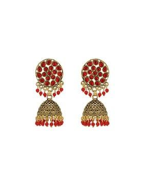 ear-m-40877-red designer traditional stone studded gold plated party wear jhumkas