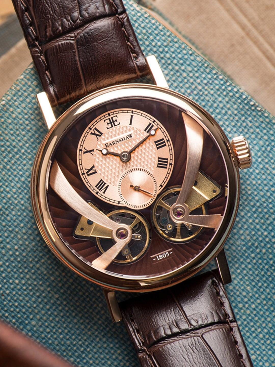 earnshaw men brown dial & brown leather straps analogue watch