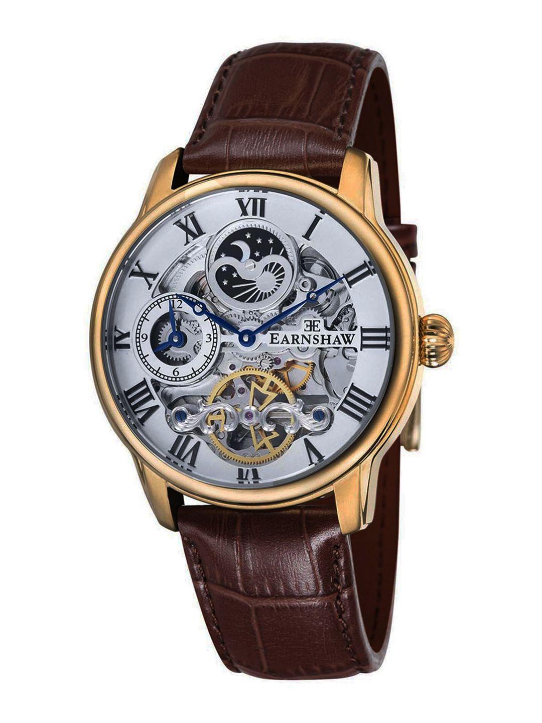 earnshaw men silver-toned skeleton dial & brown leather straps analogue watch es-8006-02