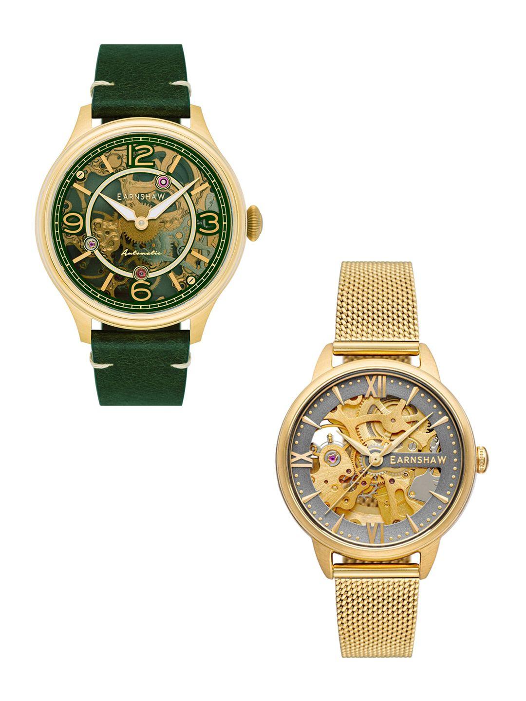 earnshaw green & gold-toned analogue couple watch gift set