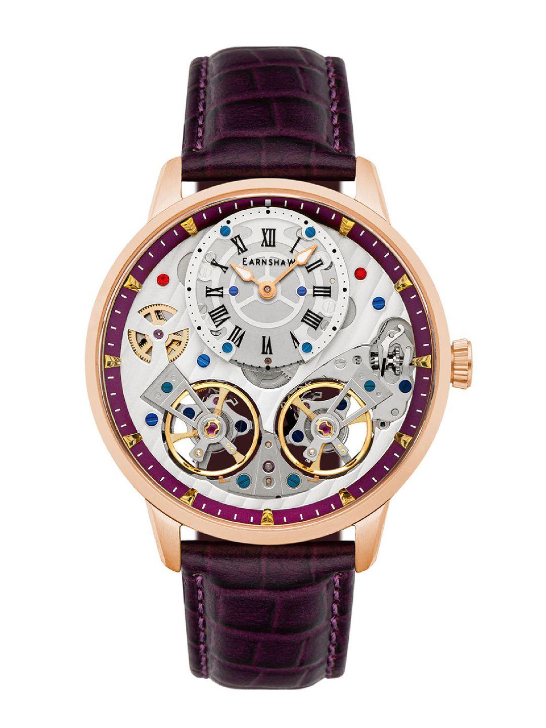 earnshaw men purple brass mother of pearl dial & purple leather bracelet style straps analogue automatic watch