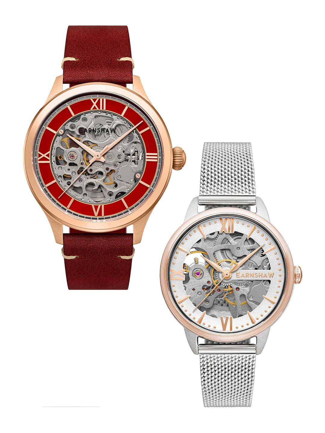 earnshaw red & silver-toned solid stainless steel watch gift set