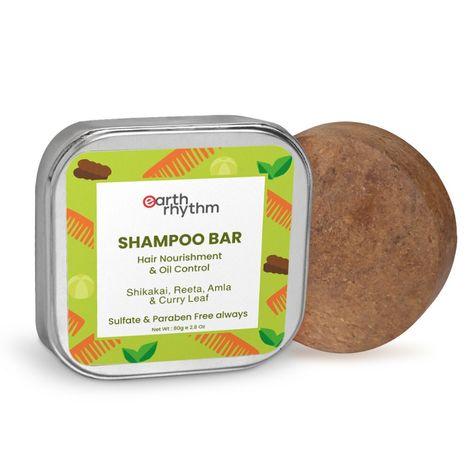 earth rhythm shampoo bar with shikakai, reeta, amla & curry leaf | strengthen hair, controls frizz, prevents premature greying | for all hair types | men & women | with tin - 80 g