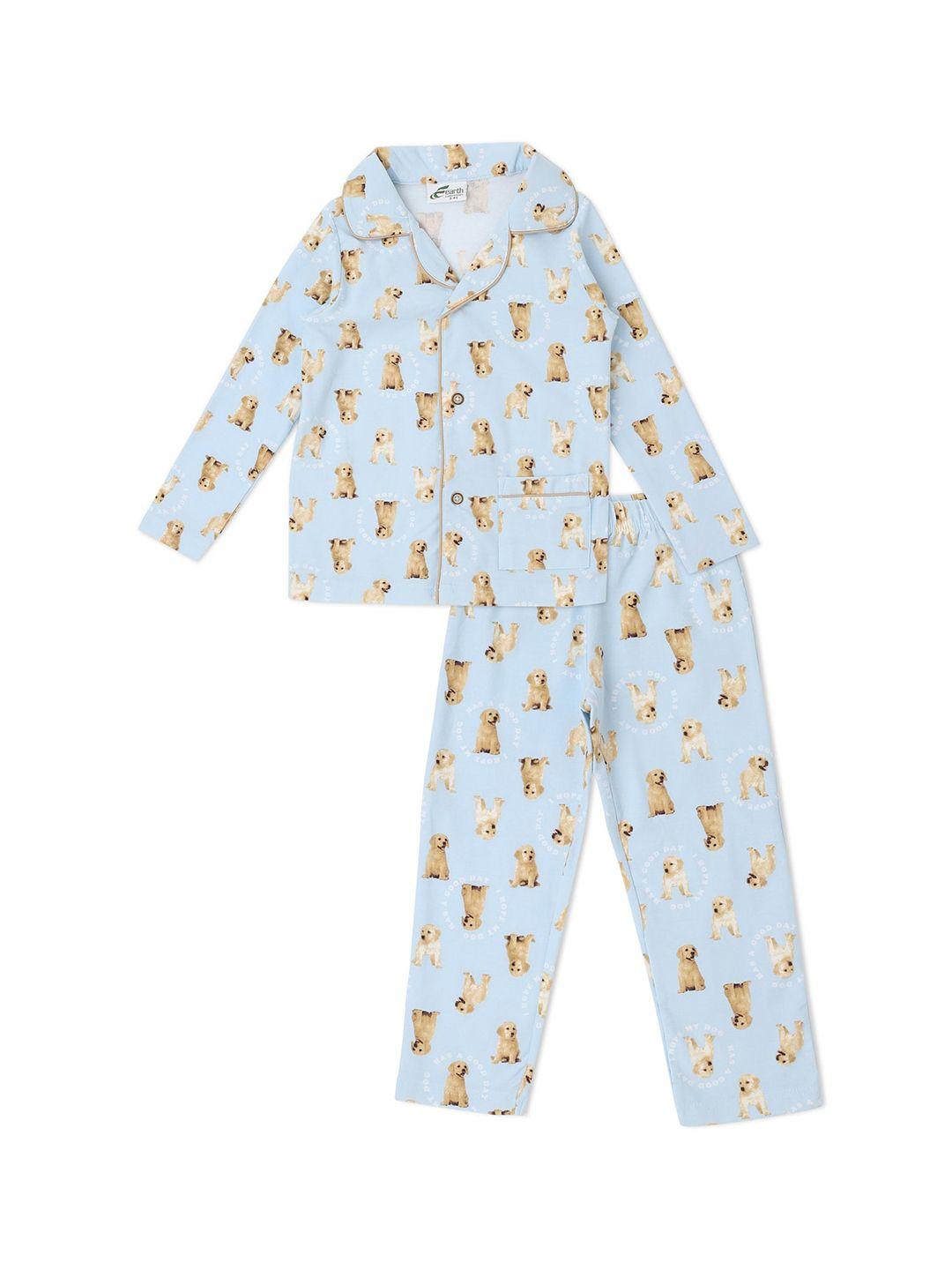 earth conscious boys blue & beige printed pure cotton night suit