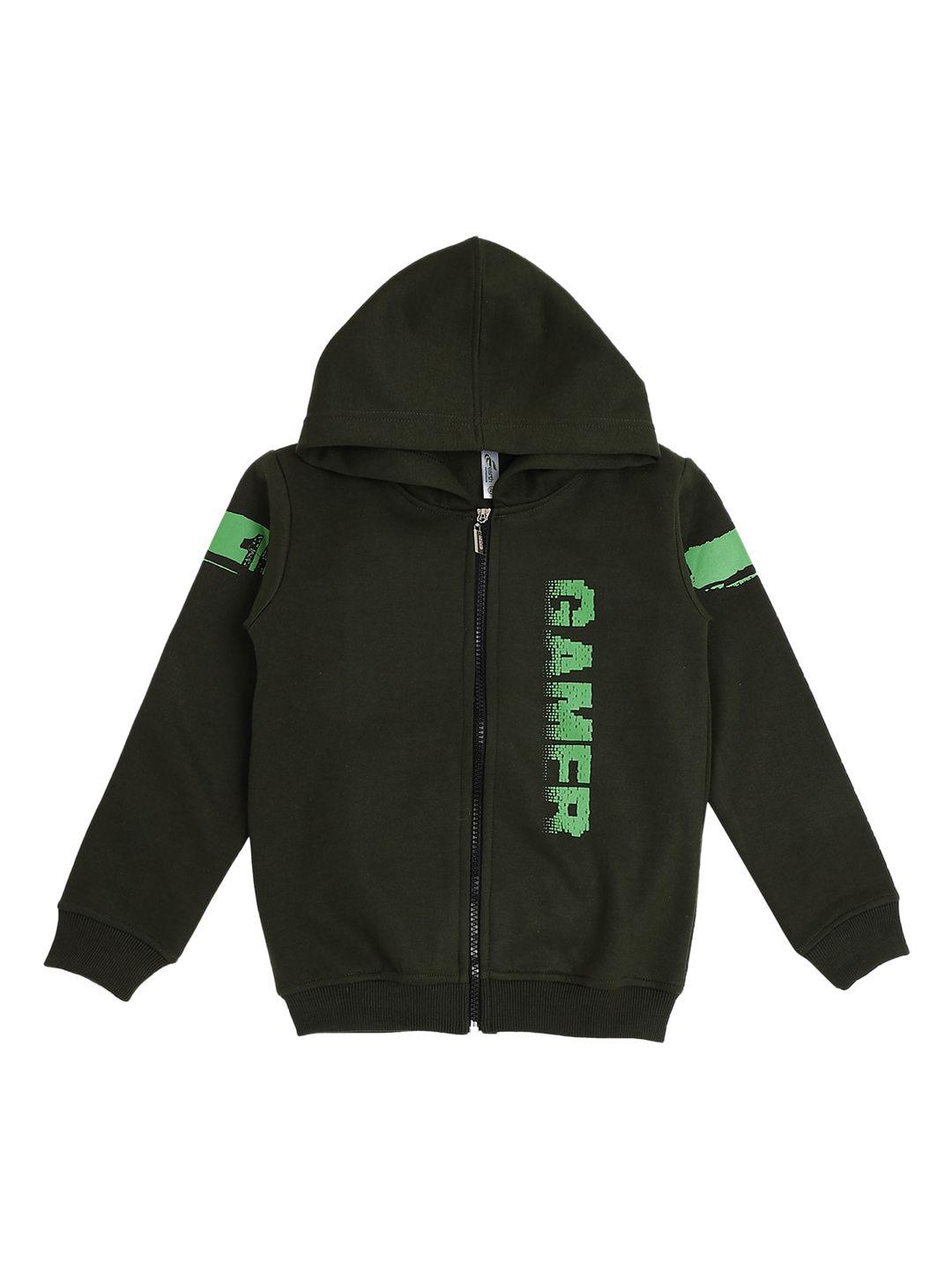 earth conscious boys olive green typography printed fleece hooded bomber jacket