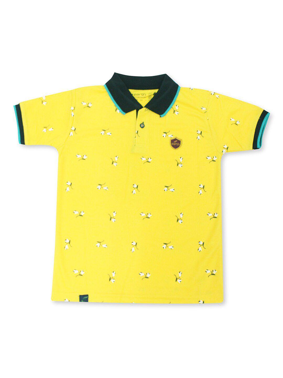 earth conscious boys yellow floral printed polo collar t-shirt