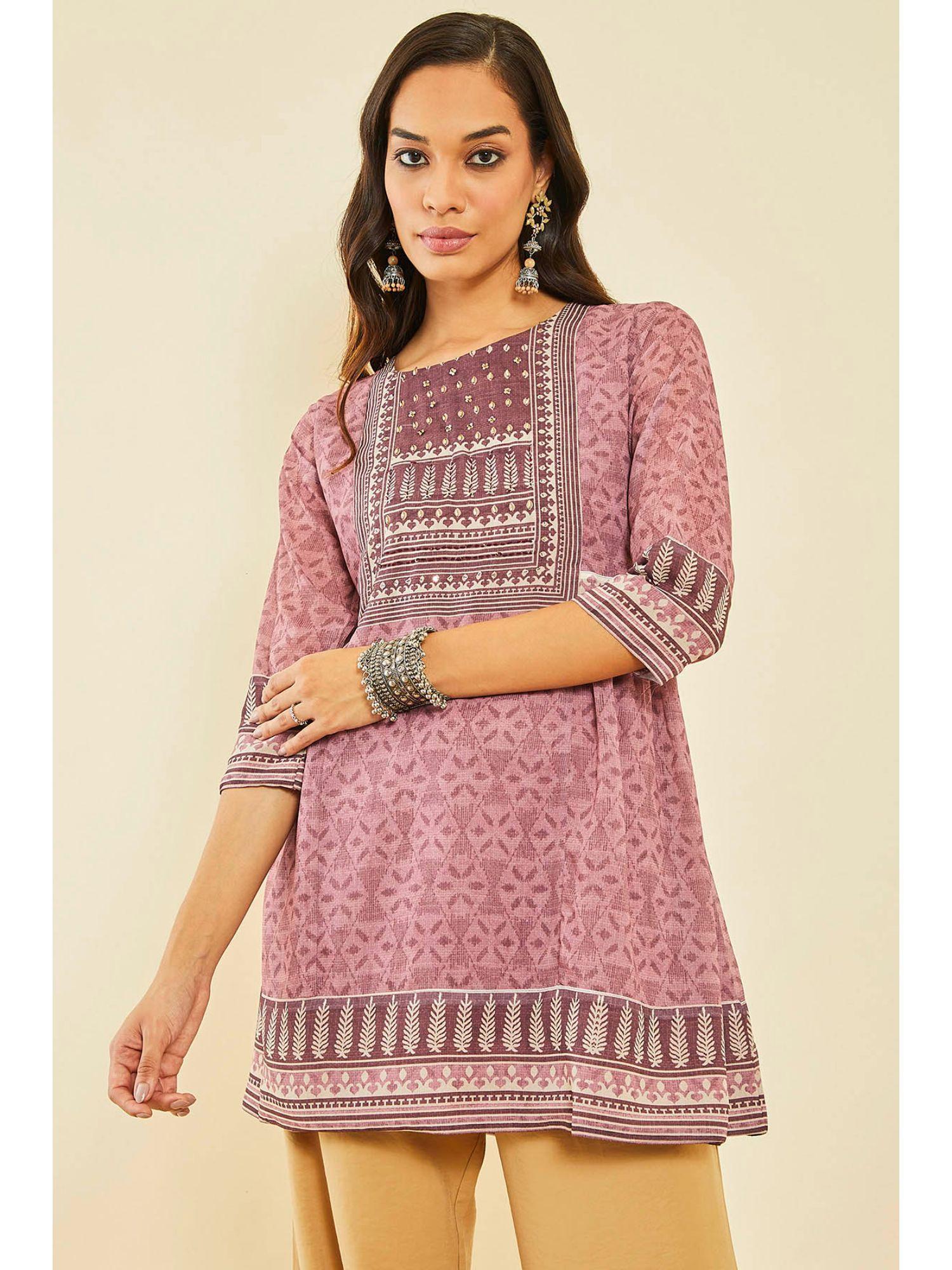 earth georgette geometric print tunic with beads