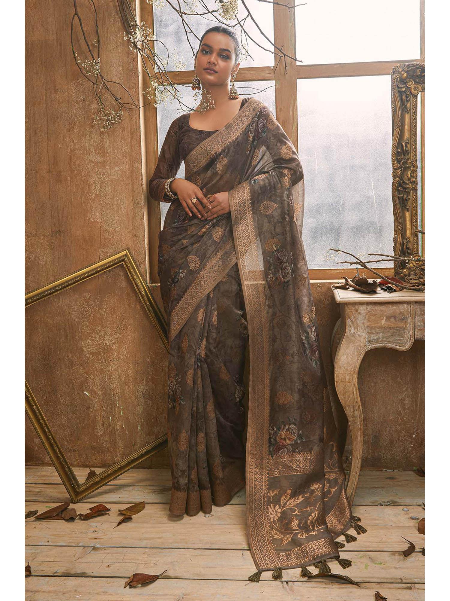 earth tussar silk floral print and zari woven designs saree with unstitched blouse