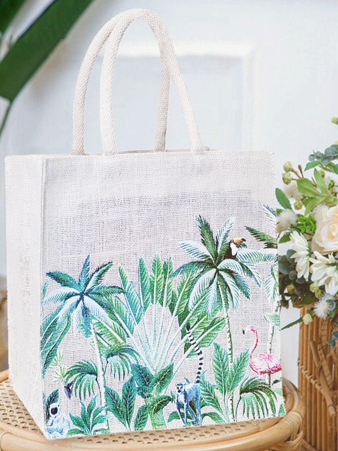 earthbags off white floral printed oversized jute tote bag