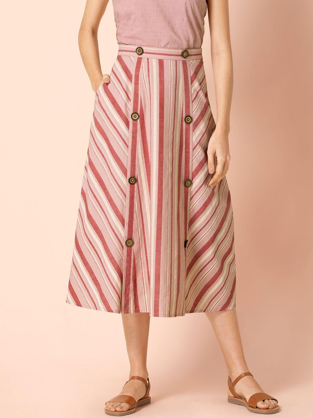 earthen by indya blush striped buttoned midi skirt