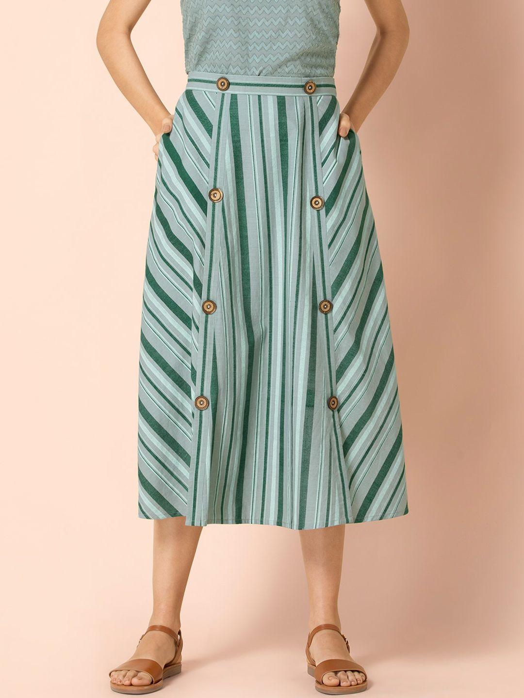earthen by indya green striped buttoned midi skirt