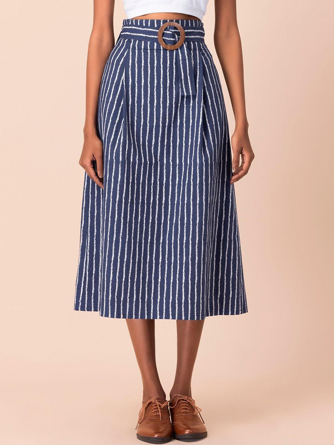 earthen by indya women navy blue & white striped pure cotton belted paperbag midi skirt