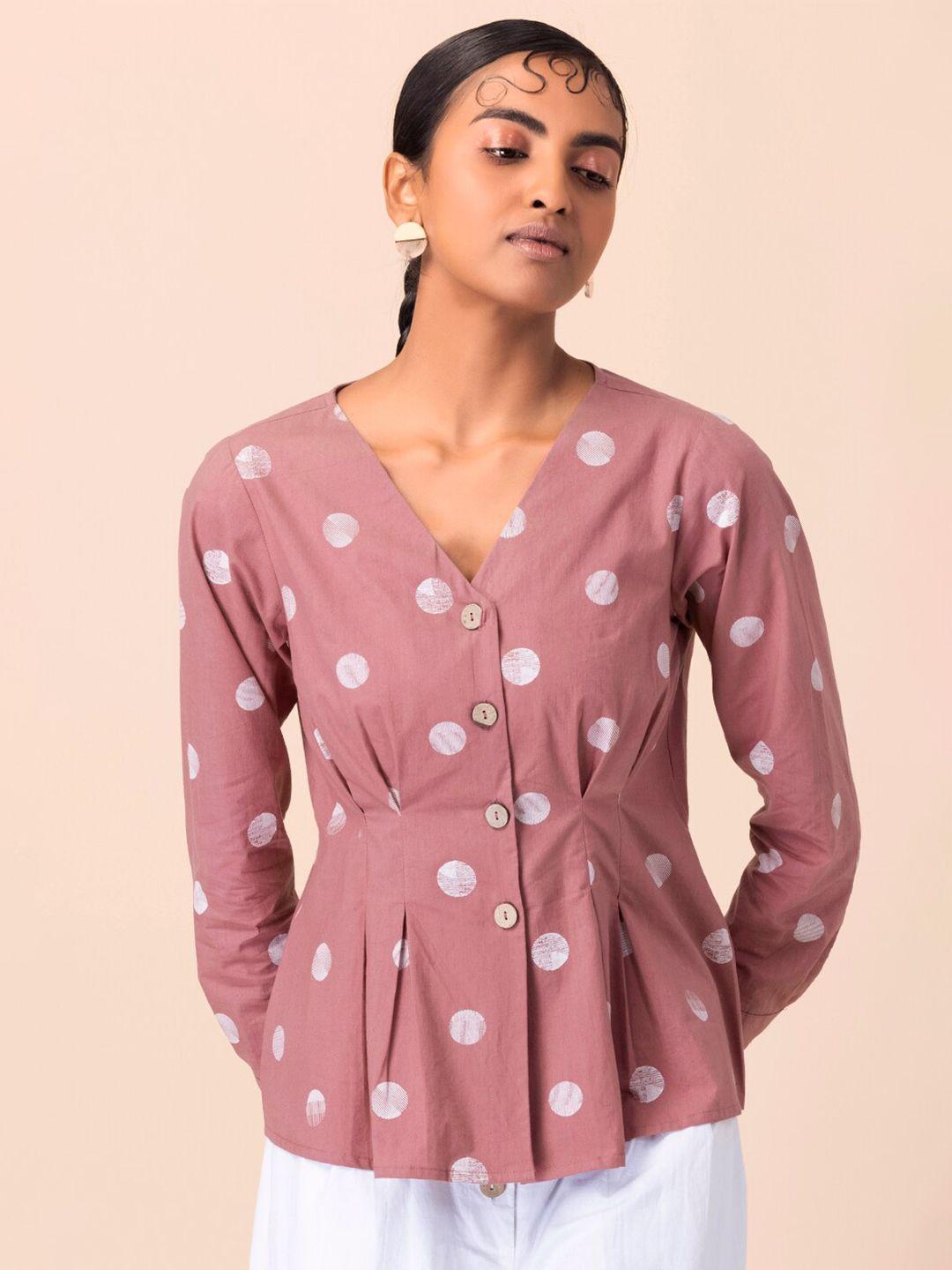 earthen by indya women pink polka dot printed crinched waist top