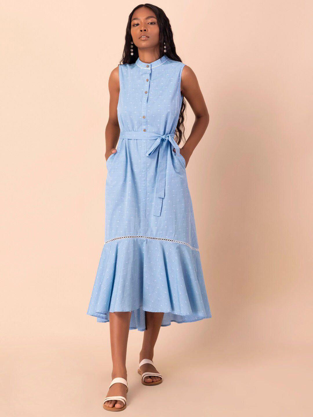 earthen by indya blue & white mandarin collar ruffle shirt dress