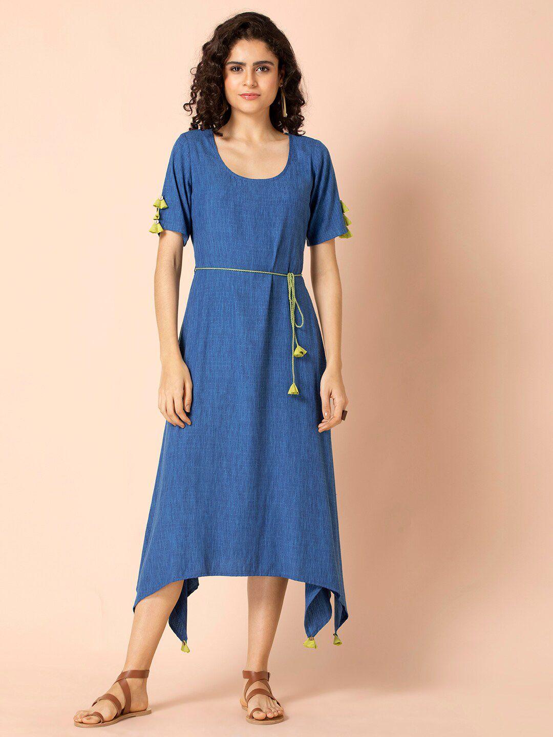 earthen by indya blue ethnic a-line asymmetric midi dress