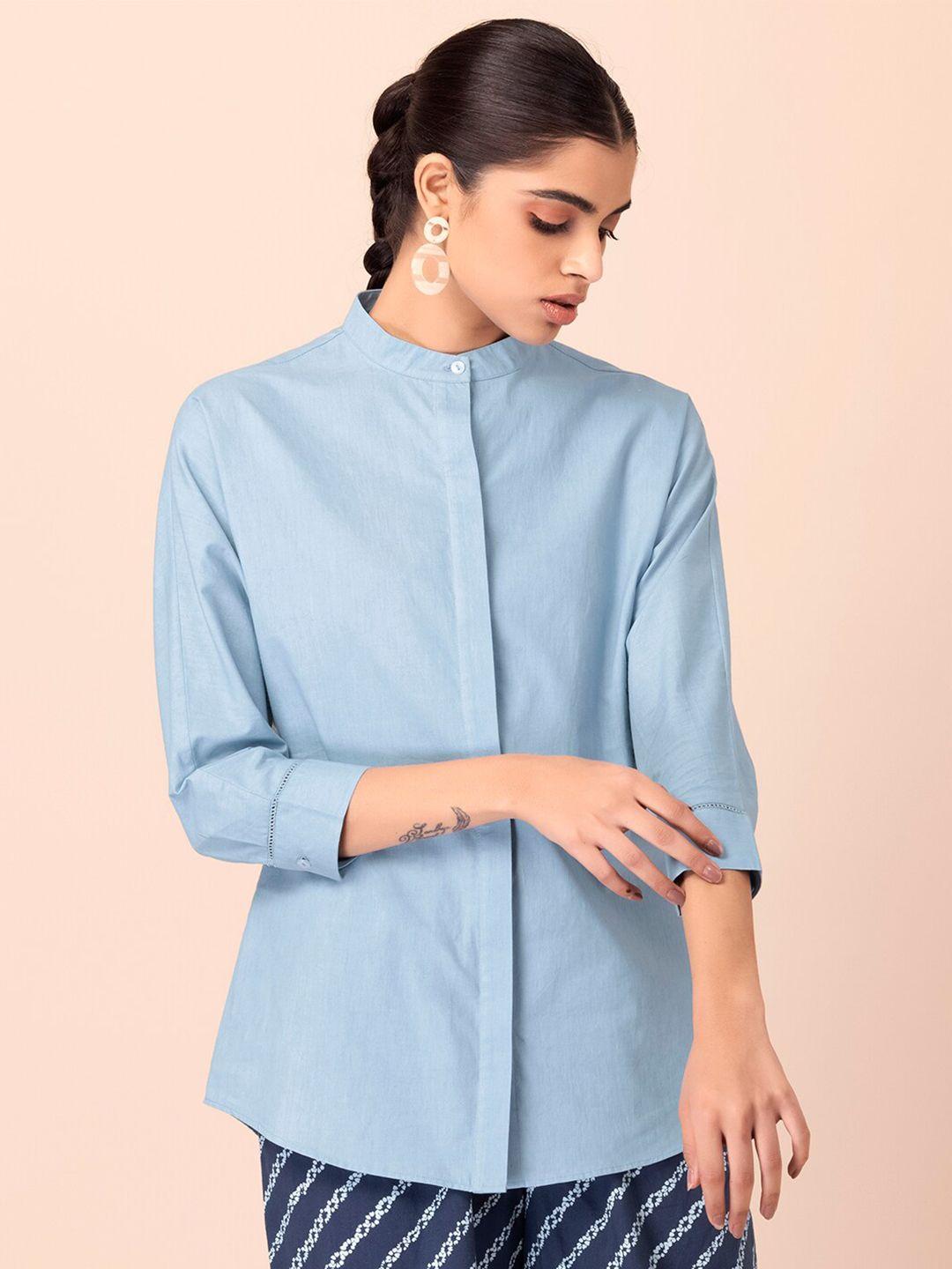 earthen by indya blue mandarin collar extended sleeves shirt style top