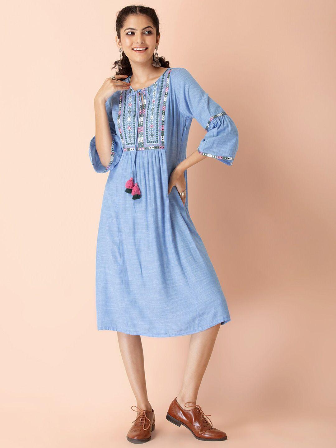 earthen by indya blue tie-up neck ethnic a-line midi dress