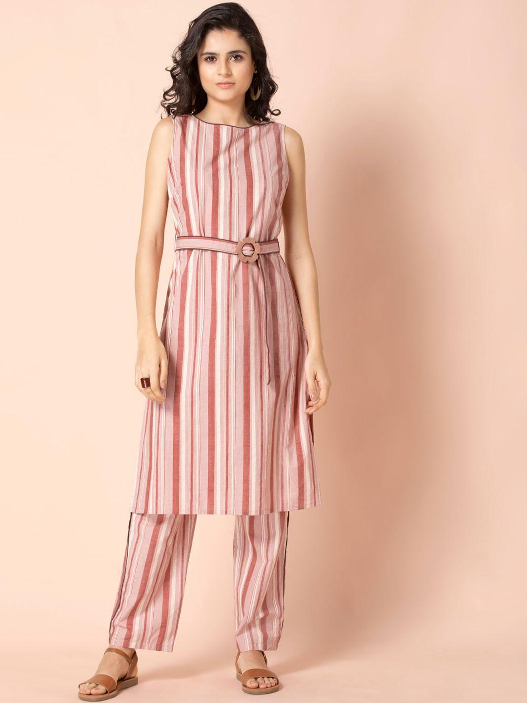 earthen by indya blush striped belted kurta and pants set