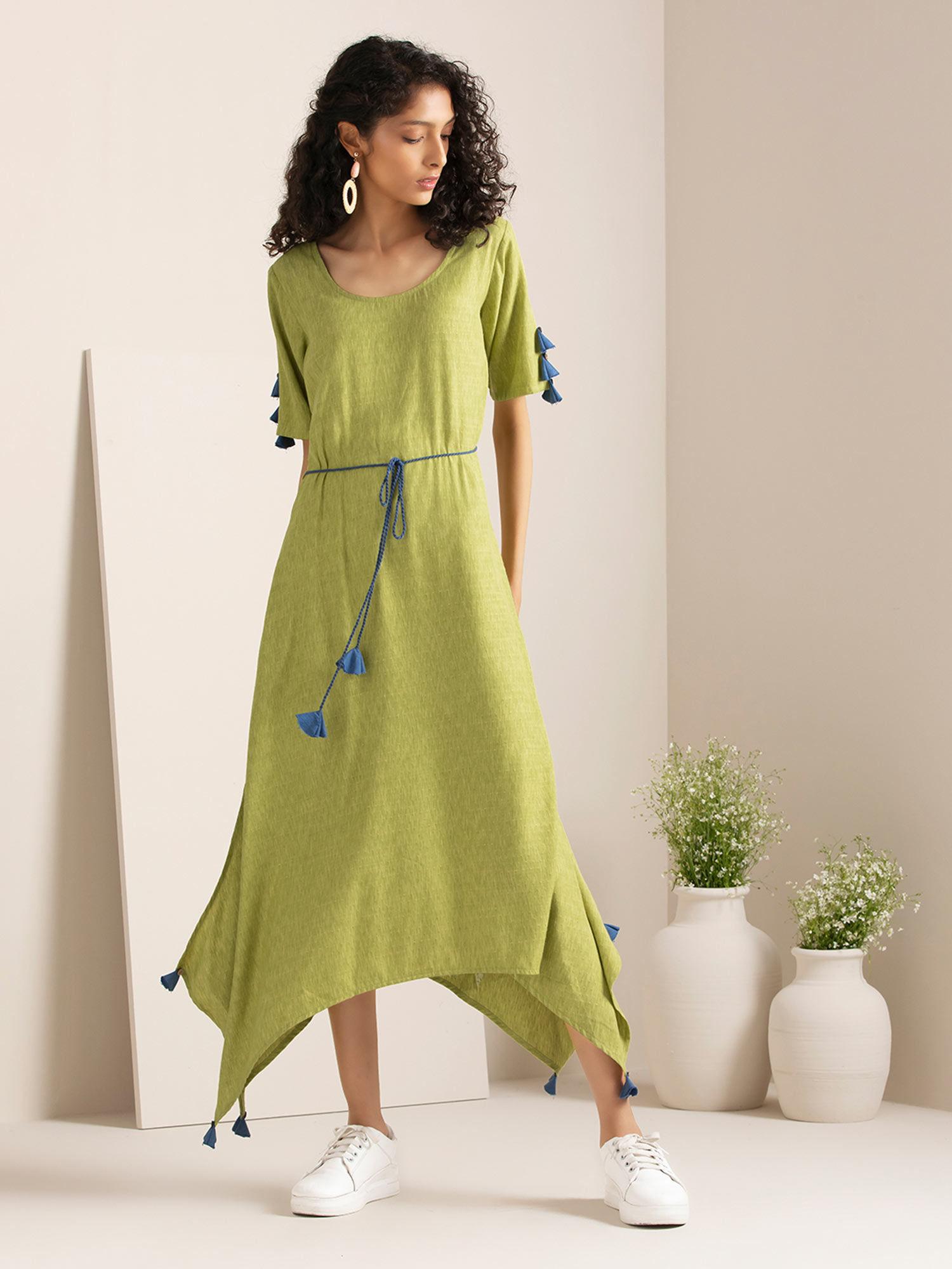 earthen by indya green belted tasselled high low dress