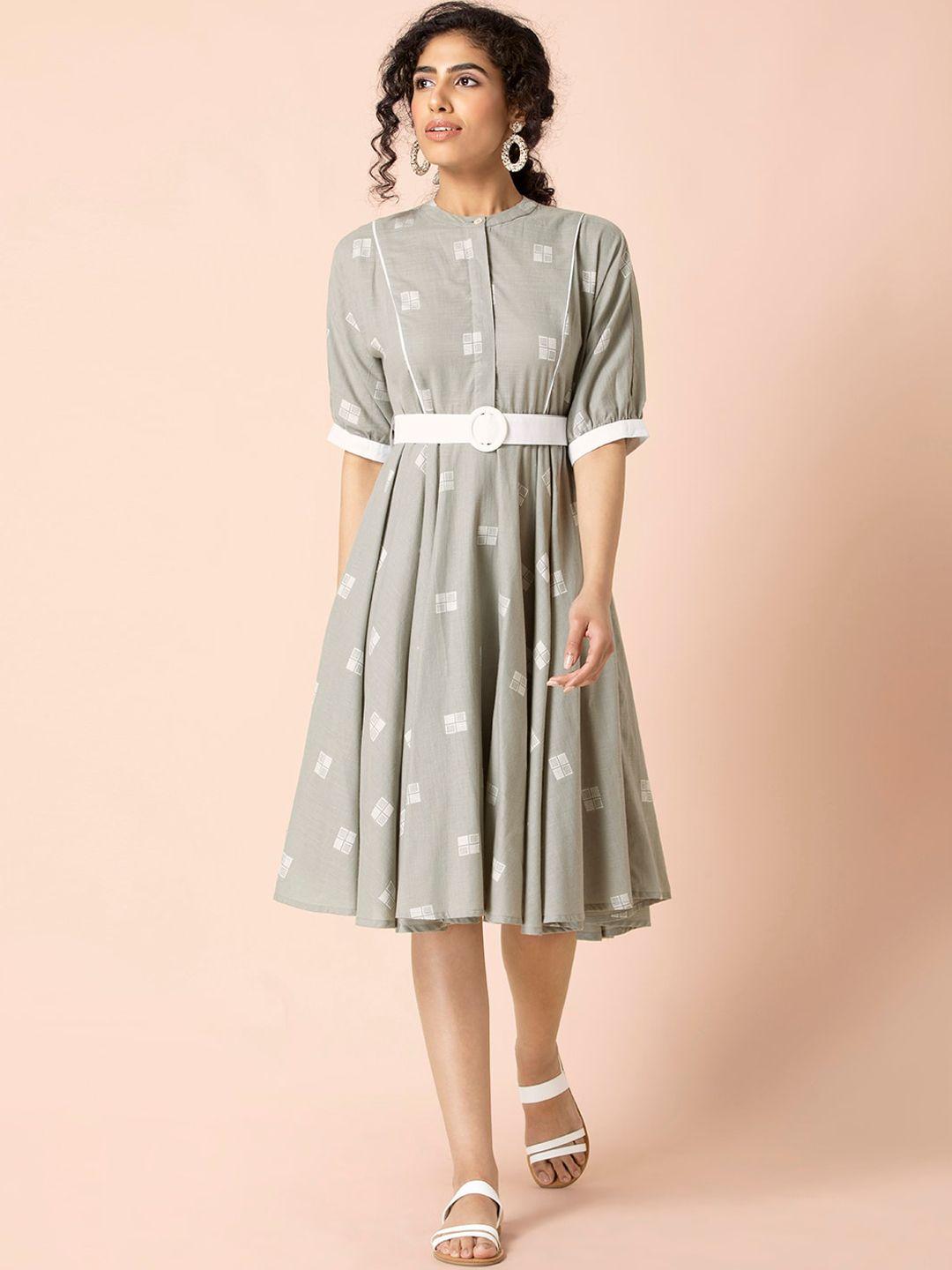 earthen by indya grey boota belted circular a-line dress