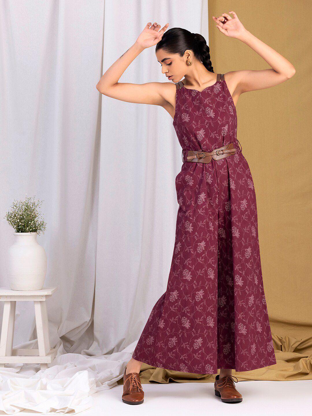 earthen by indya maroon floral printed cotton leather strap jumpsuit with attached belt