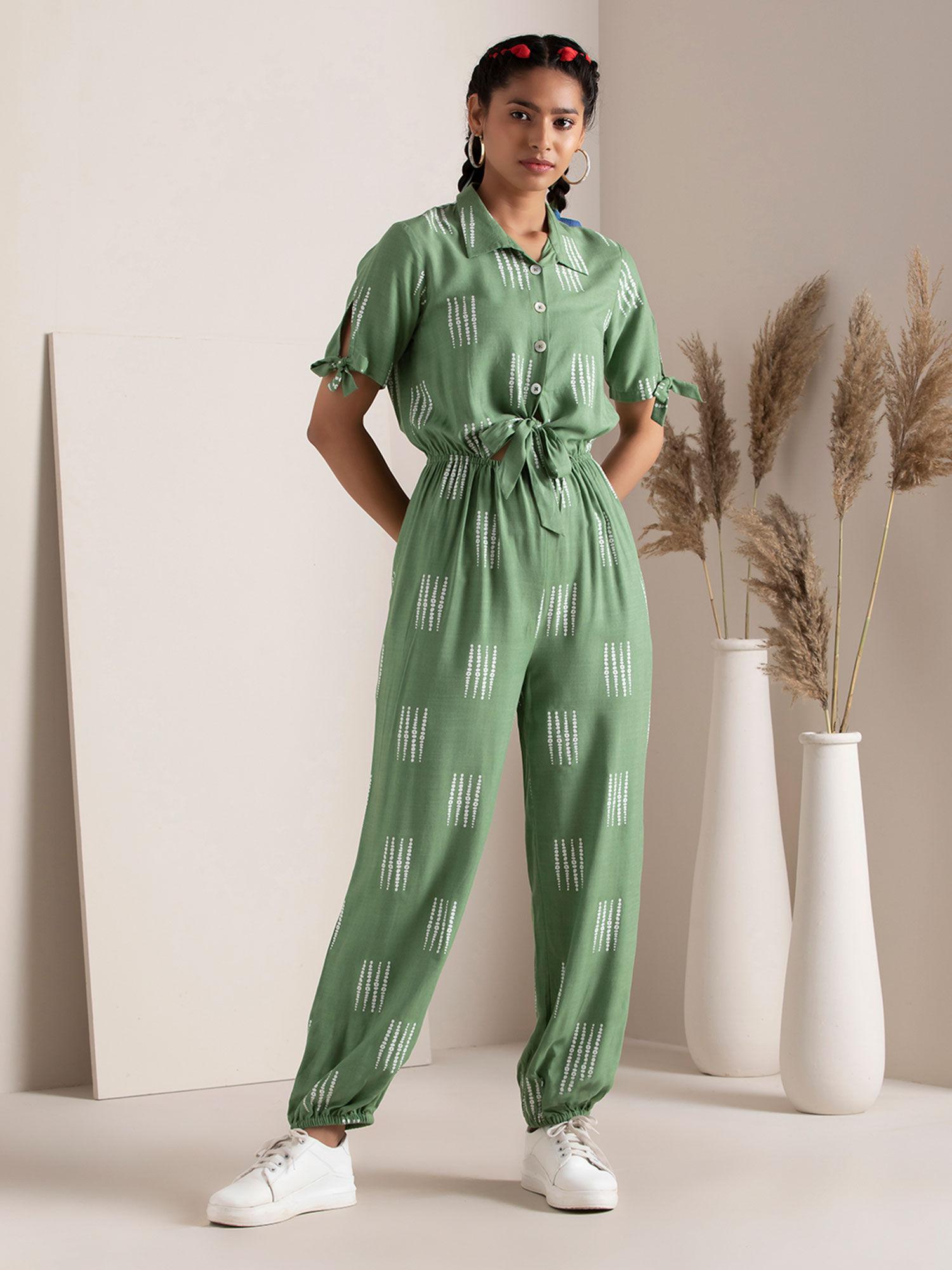earthen by indya mint printed knotted shirt jumpsuit