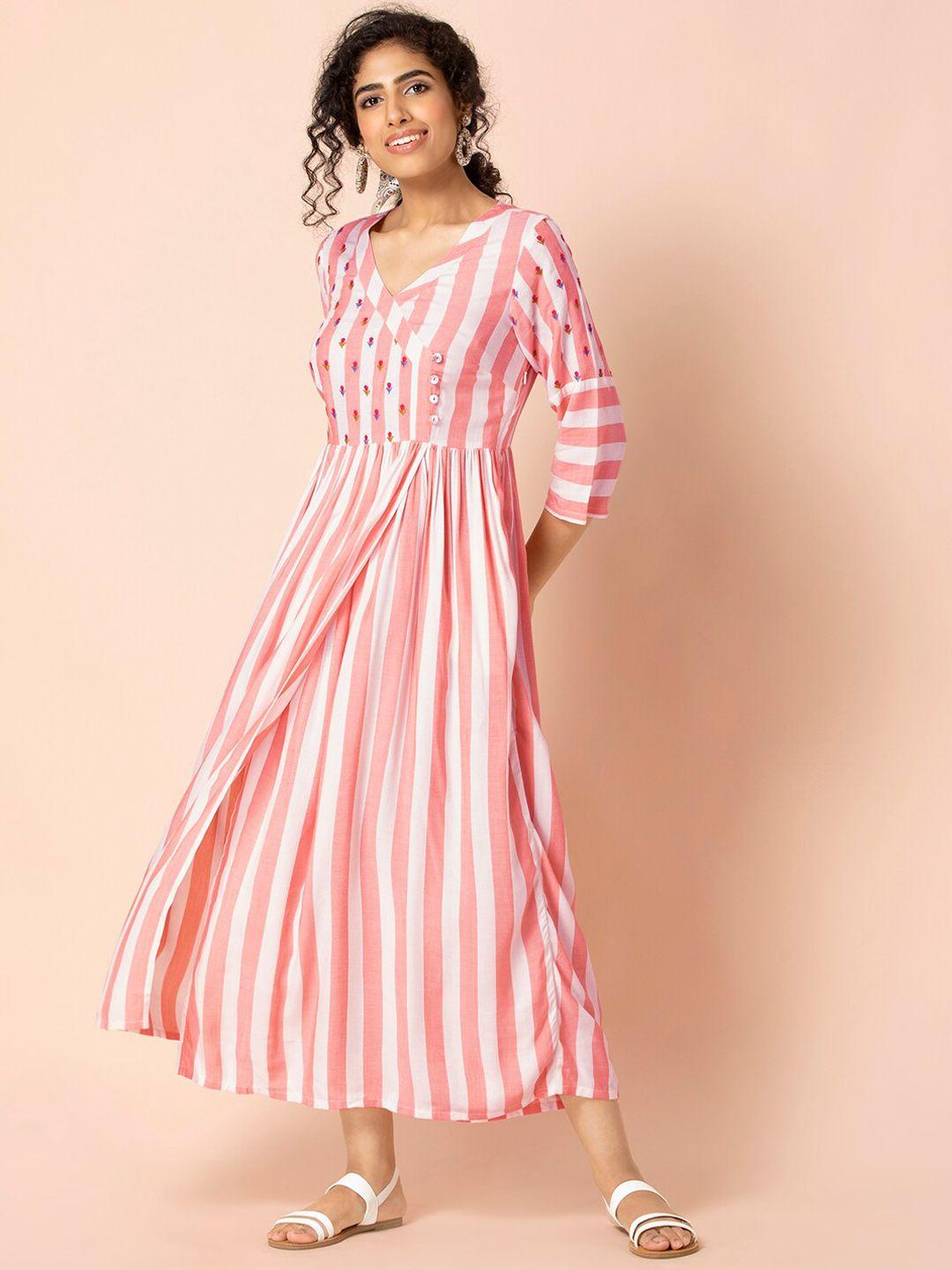 earthen by indya peach striped embroidered front slit tunic