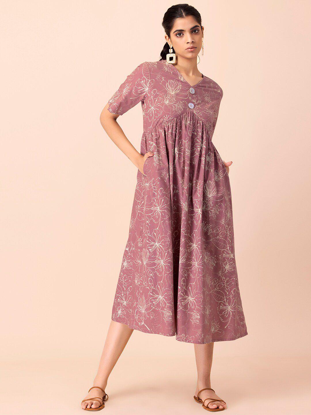 earthen by indya pink floral ethnic empire pure cotton a-line midi dress