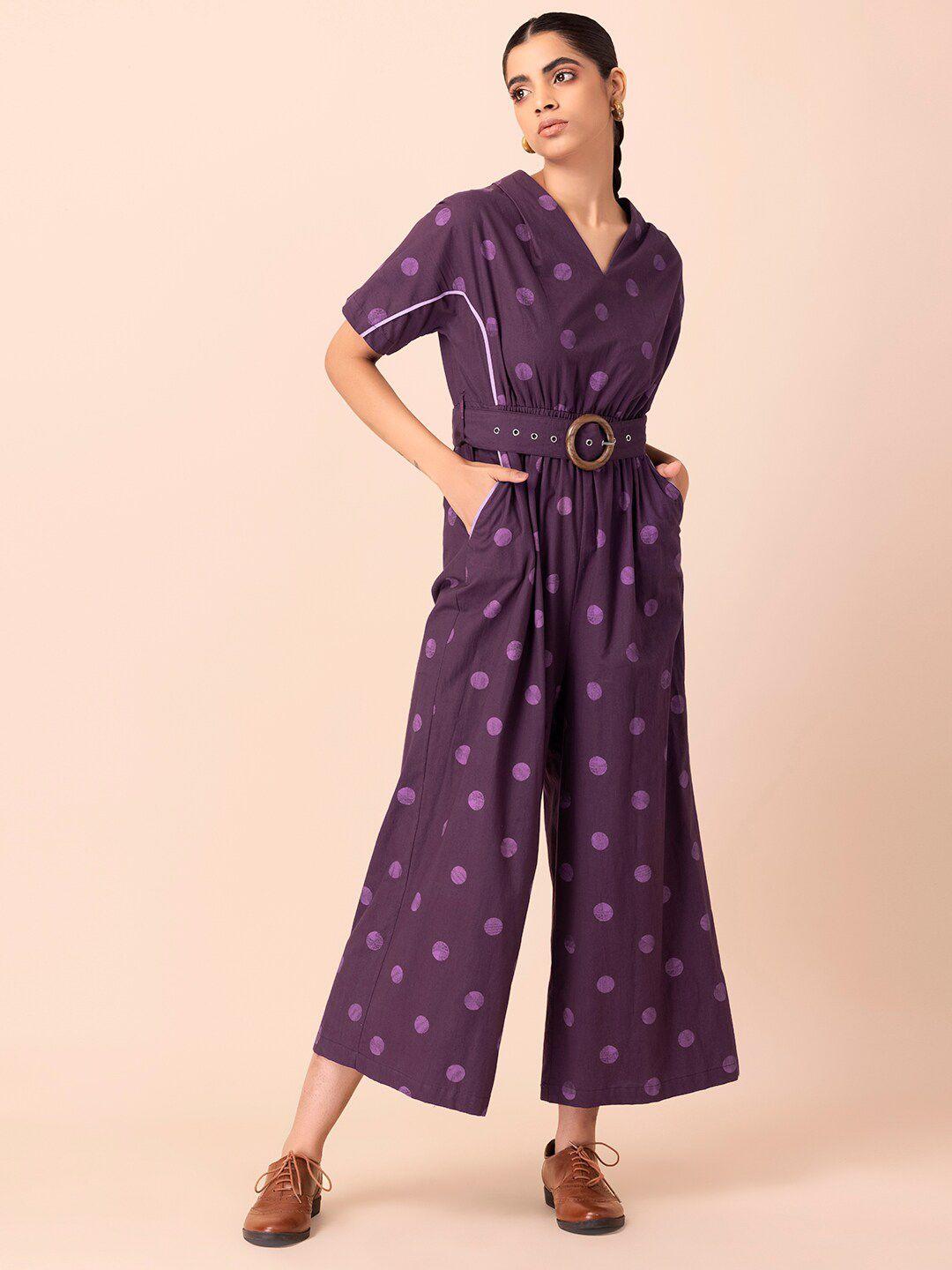 earthen by indya purple printed pure cotton belted basic jumpsuit