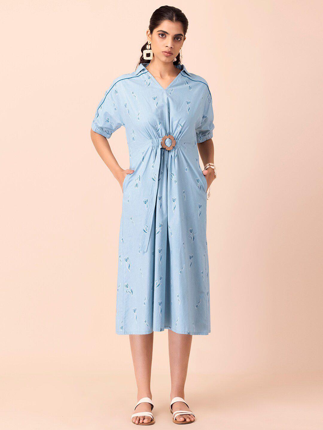 earthen by indya women blue cotton ethnic a-line dress