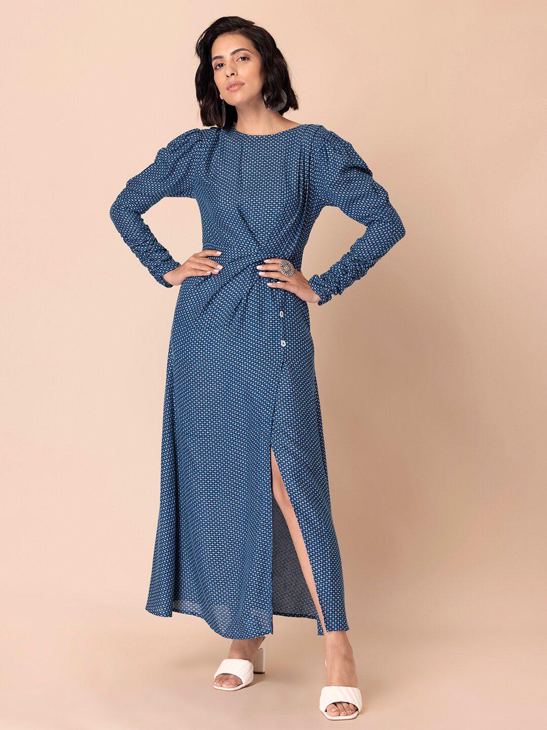 earthen by indya women blue printed puff sleeves maxi dress