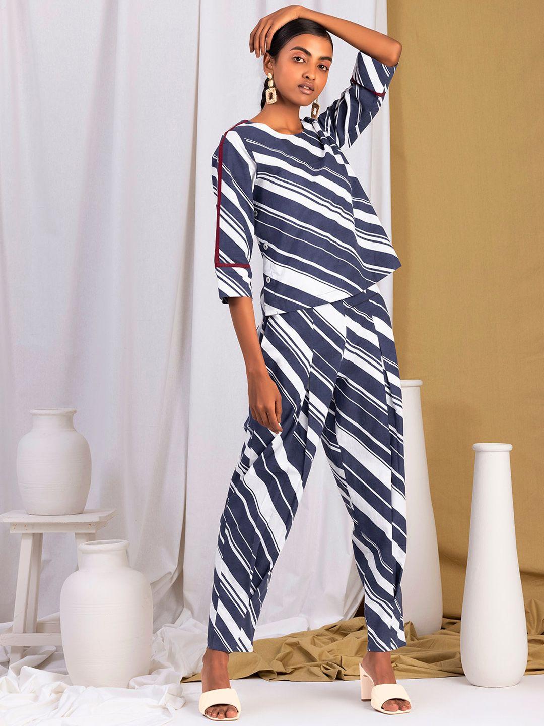 earthen by indya women navy blue & white striped top and pants set