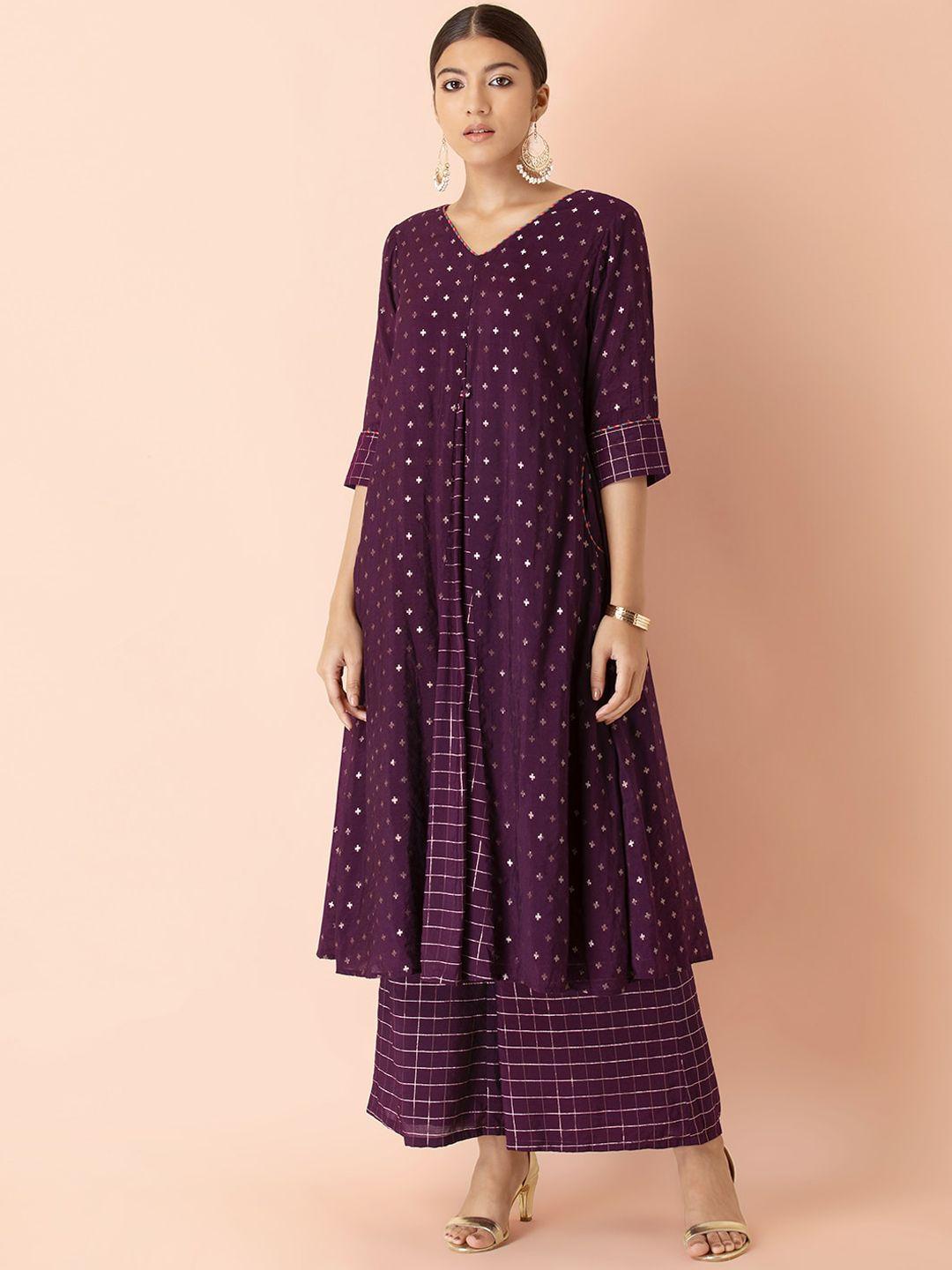 earthen by indya women purple geometric printed flared sleeves anarkali kurta