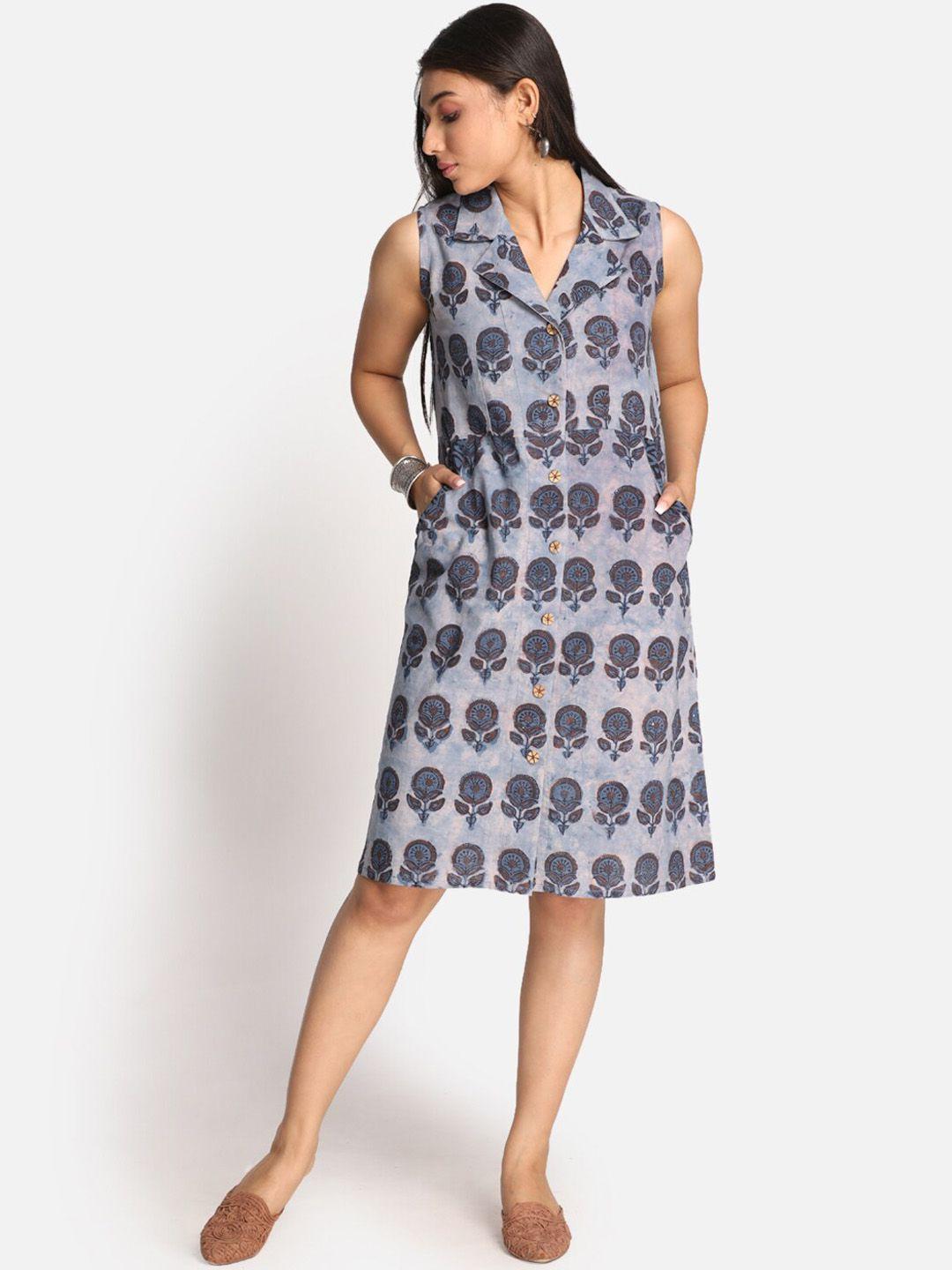 earthwear blue floral  block print shirt dress