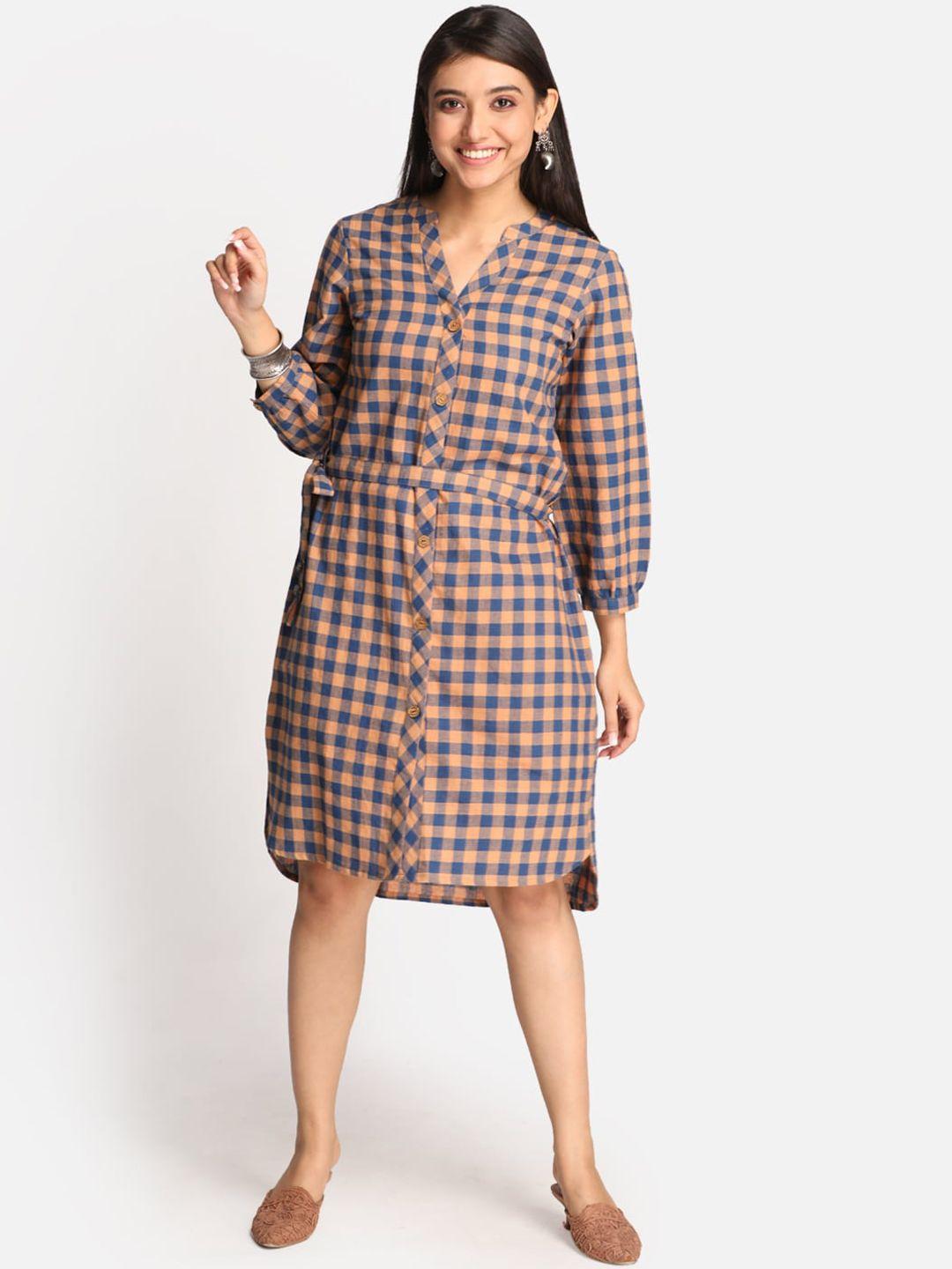 earthwear checked belted manadrin collar pure cotton shirt dress