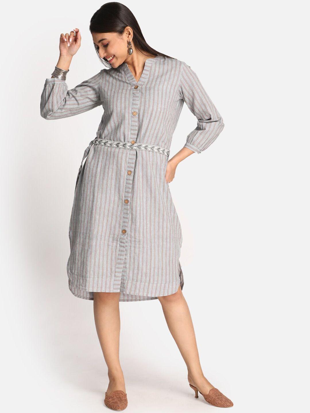 earthwear striped belted manadrin collar pure cotton shirt dress