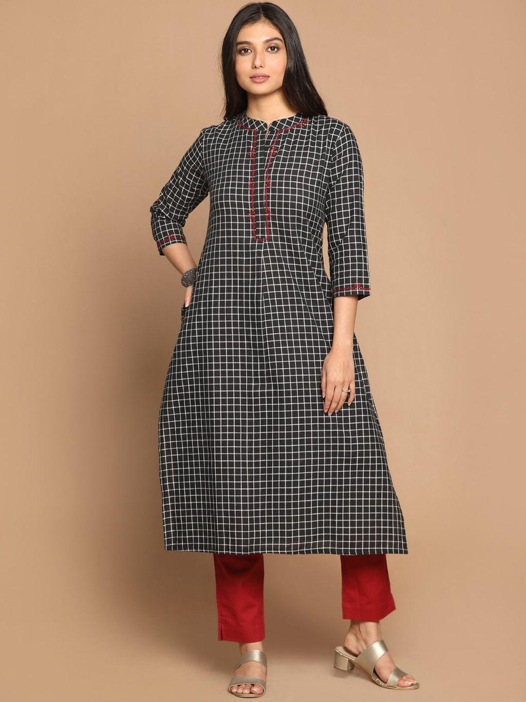 earthwear women black & white cotton checked straight kurta with hand embroidery