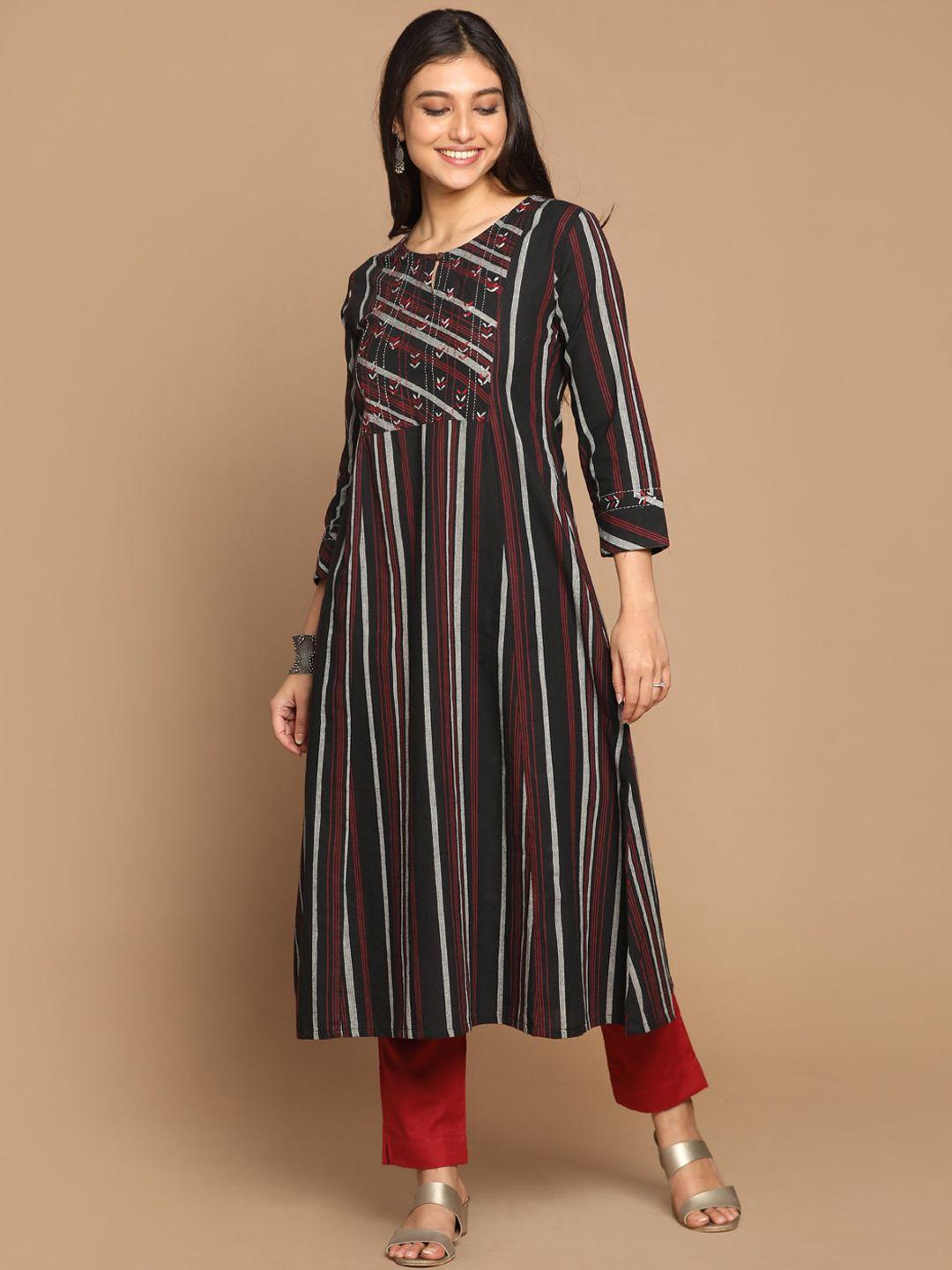earthwear women black striped cotton a-line kurta with hand embroidery