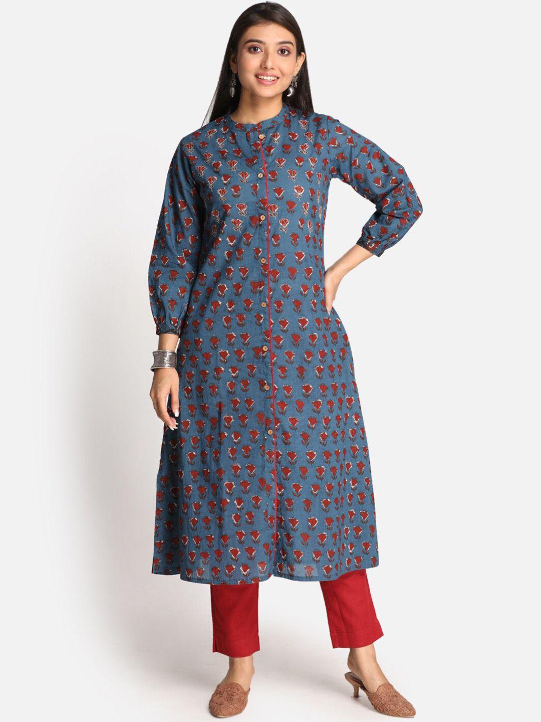 earthwear women blue floral printed a-line cotton kurta