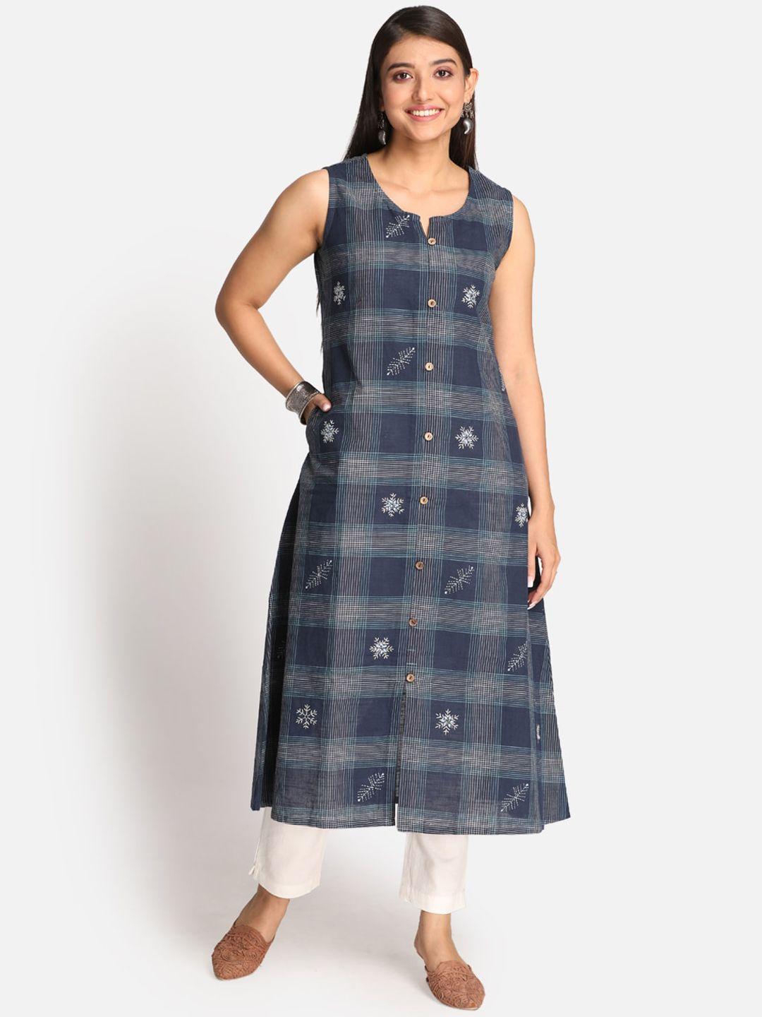 earthwear women blue pure cotton checked kurta