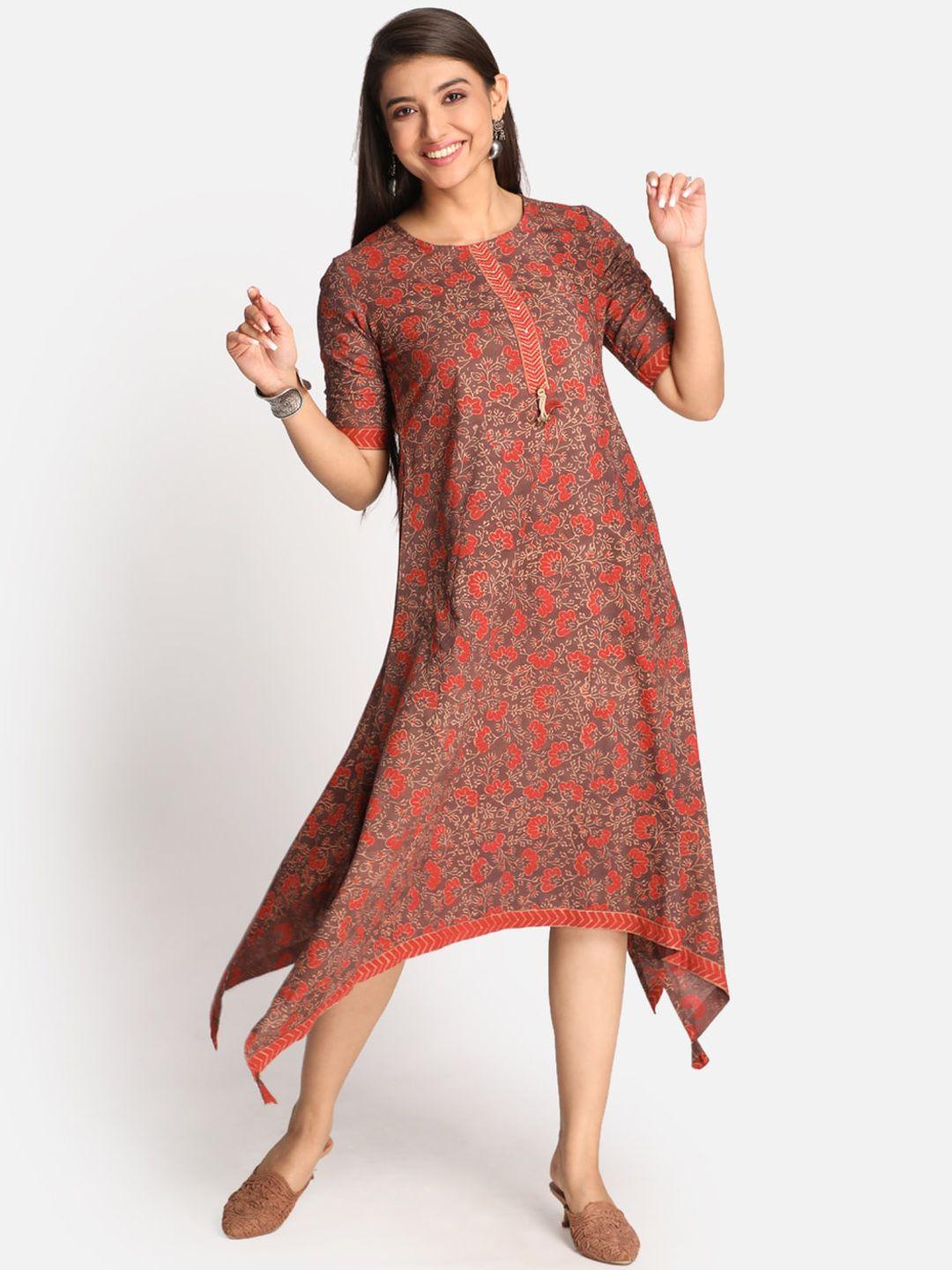 earthwear women brown cotton ethnic motifs printed kurta