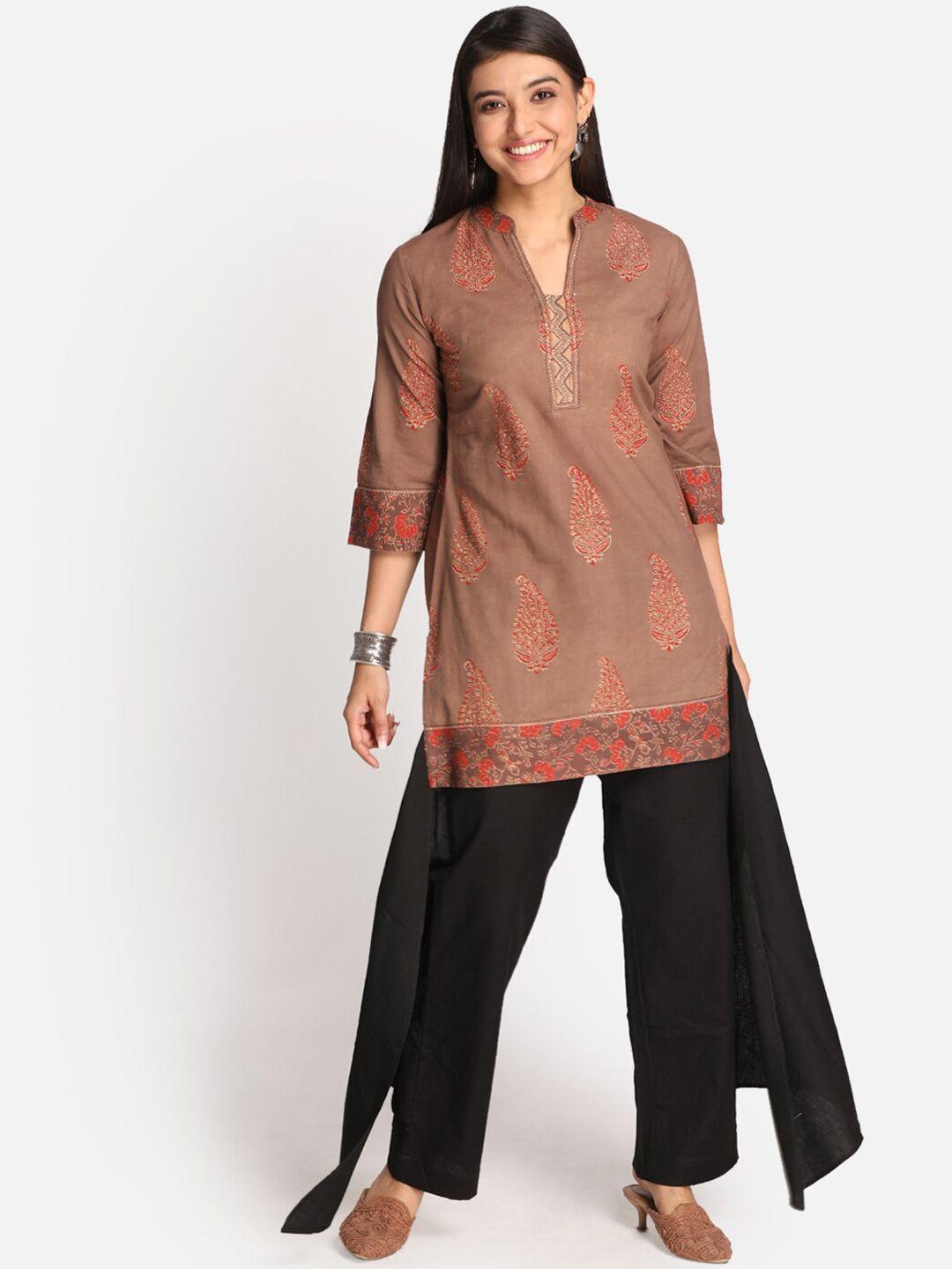 earthwear women brown ethnic motifs printed thread work kurta