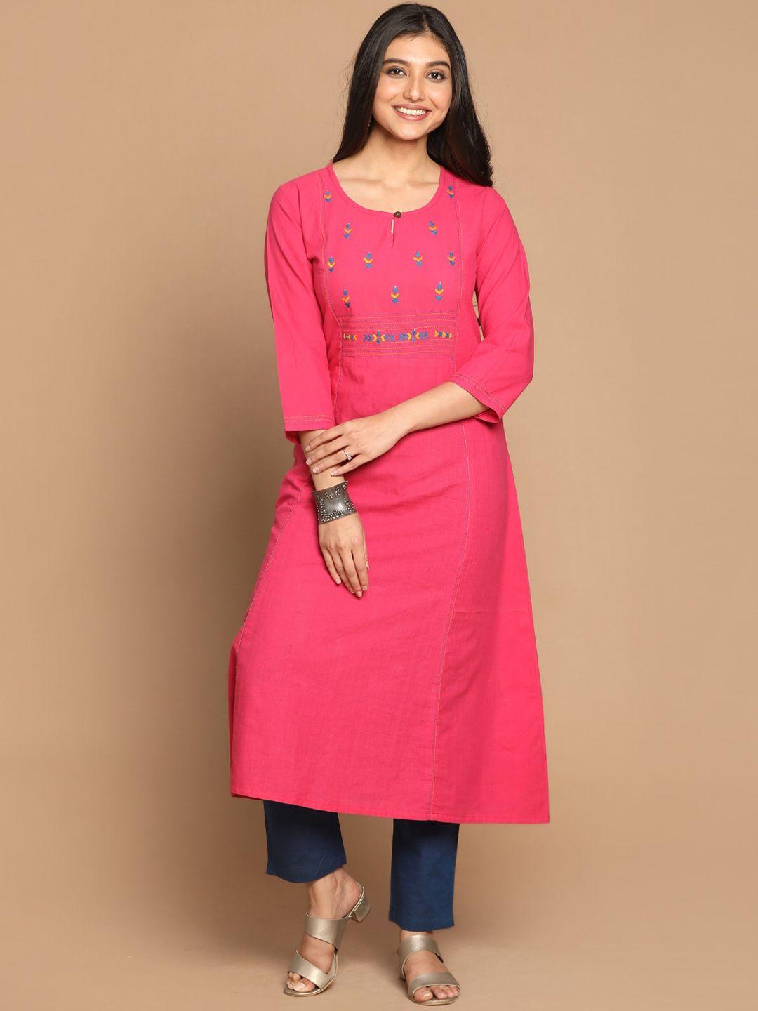 earthwear women fuchsia ethnic motifs embroidered pure cotton kurta