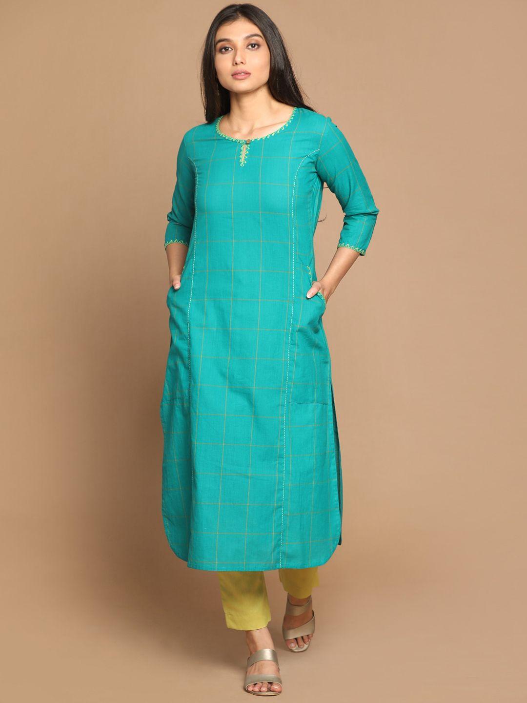 earthwear women green cotton checked straight kurta with hand embroidery detail