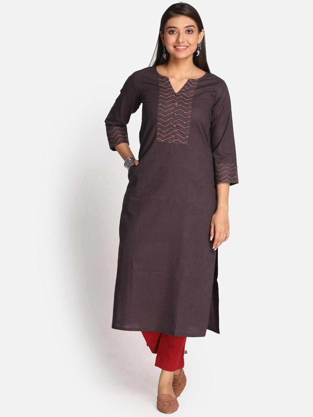 earthwear women grey yoke thread work pure cotton kurta