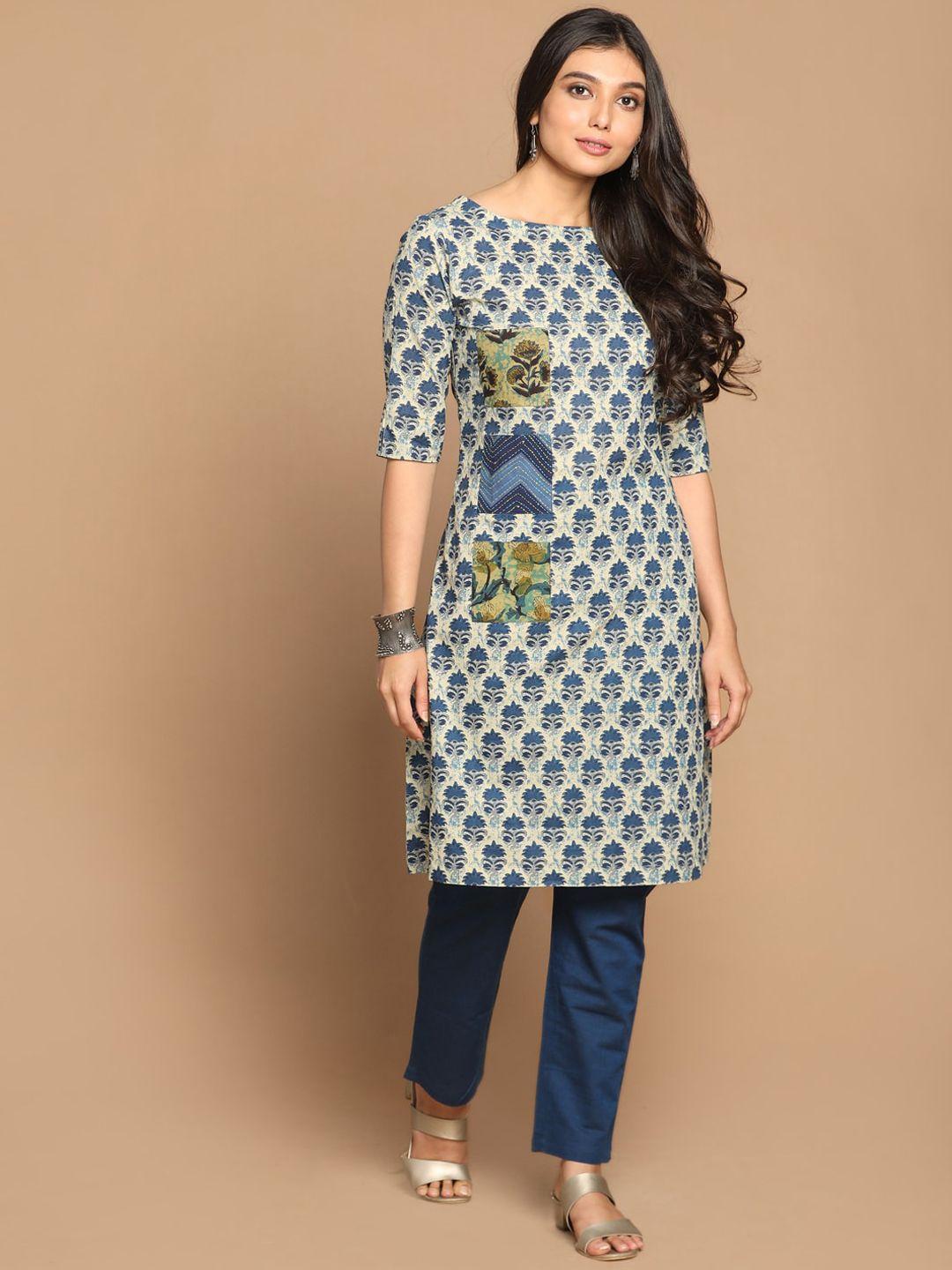 earthwear women navy blue & beige indigo ajrakh printed collage kurta with hand embroidery