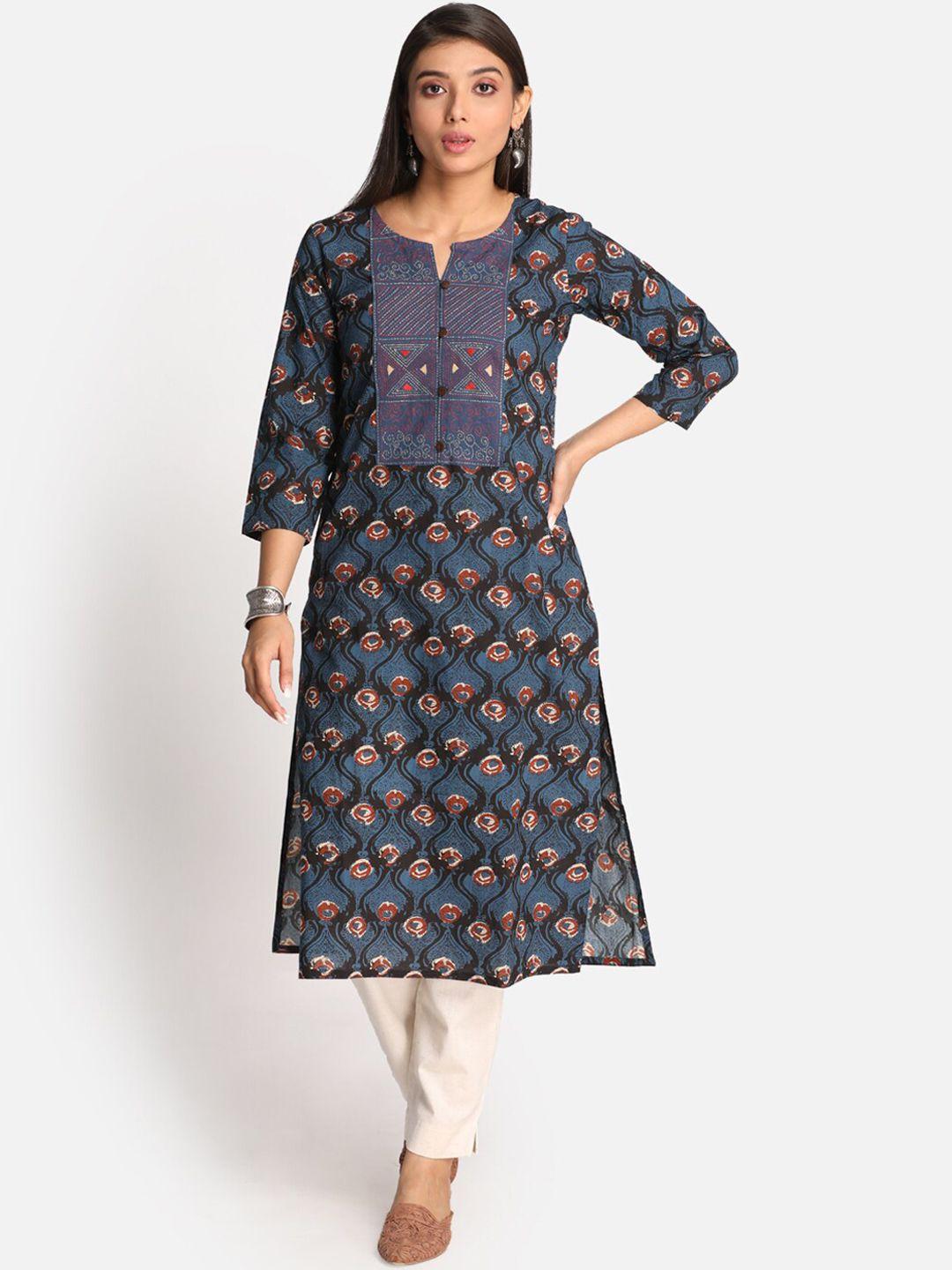 earthwear women navy blue ethnic motifs pure cotton printed thread work kurta