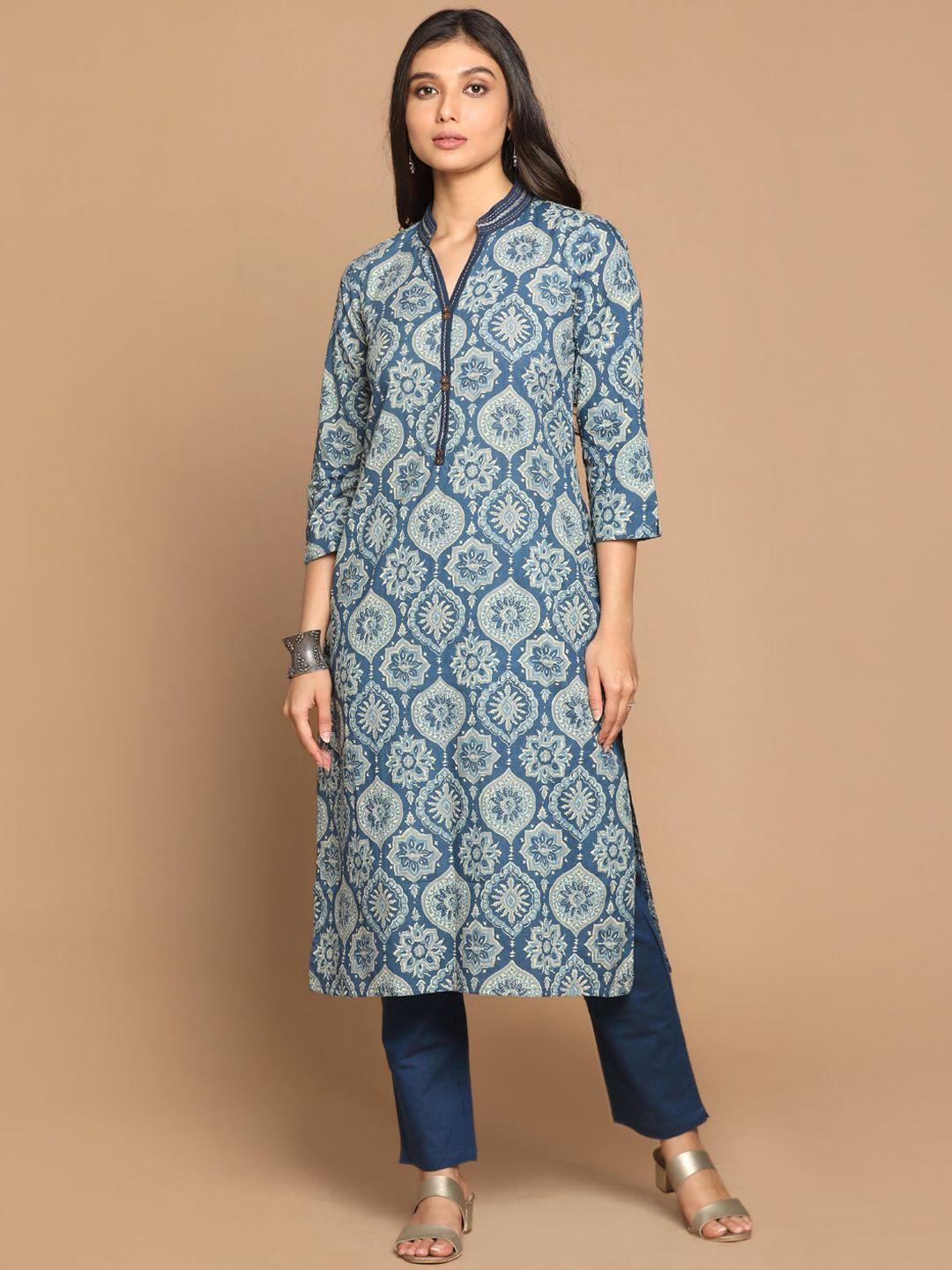 earthwear women navy blue indigo ajrakh printed straight kurta with hand embroidered