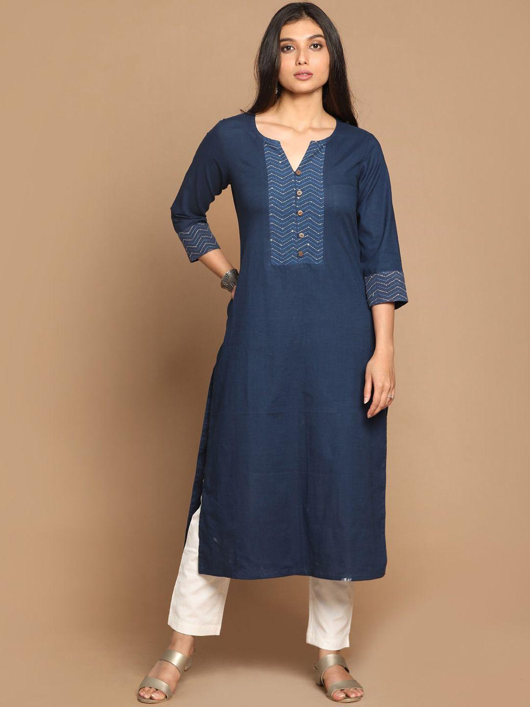 earthwear women navy blue indigo pure cotton straight kurta with zig zag hand embroidery